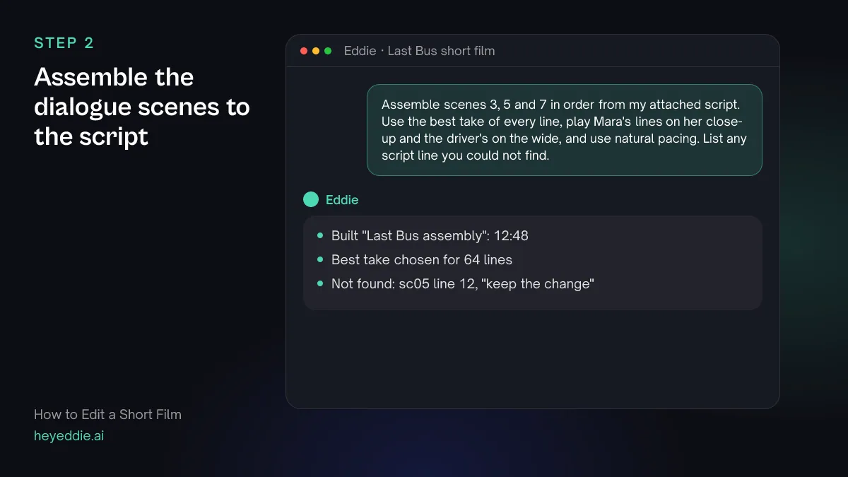 Chat with Eddie: the prompt asking for three scenes assembled from the script with the best takes, and Eddie's reply with the length and one missing line.