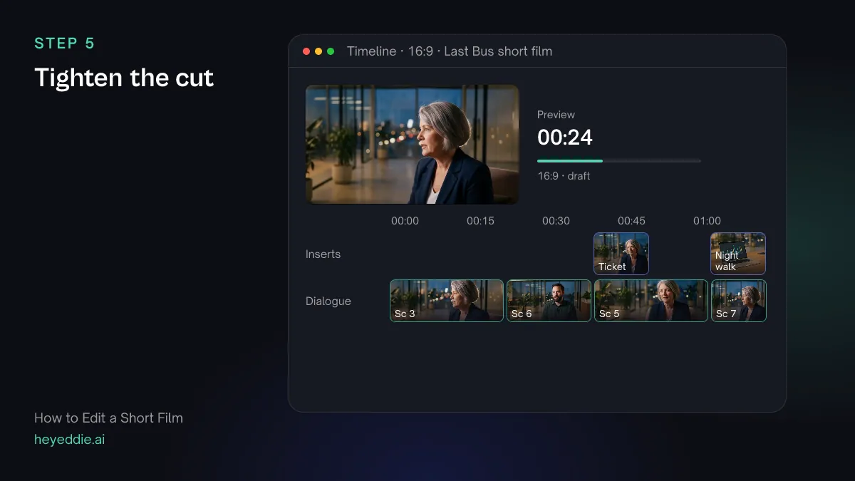 Timeline after tightening, with scene 6 moved before scene 5 and the inserts still sitting over their lines.