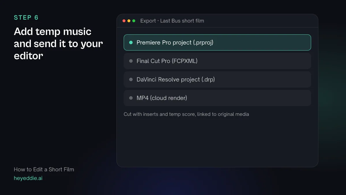 Eddie export menu with a Premiere Pro project selected, plus Final Cut Pro, a DaVinci Resolve project and an MP4 render.