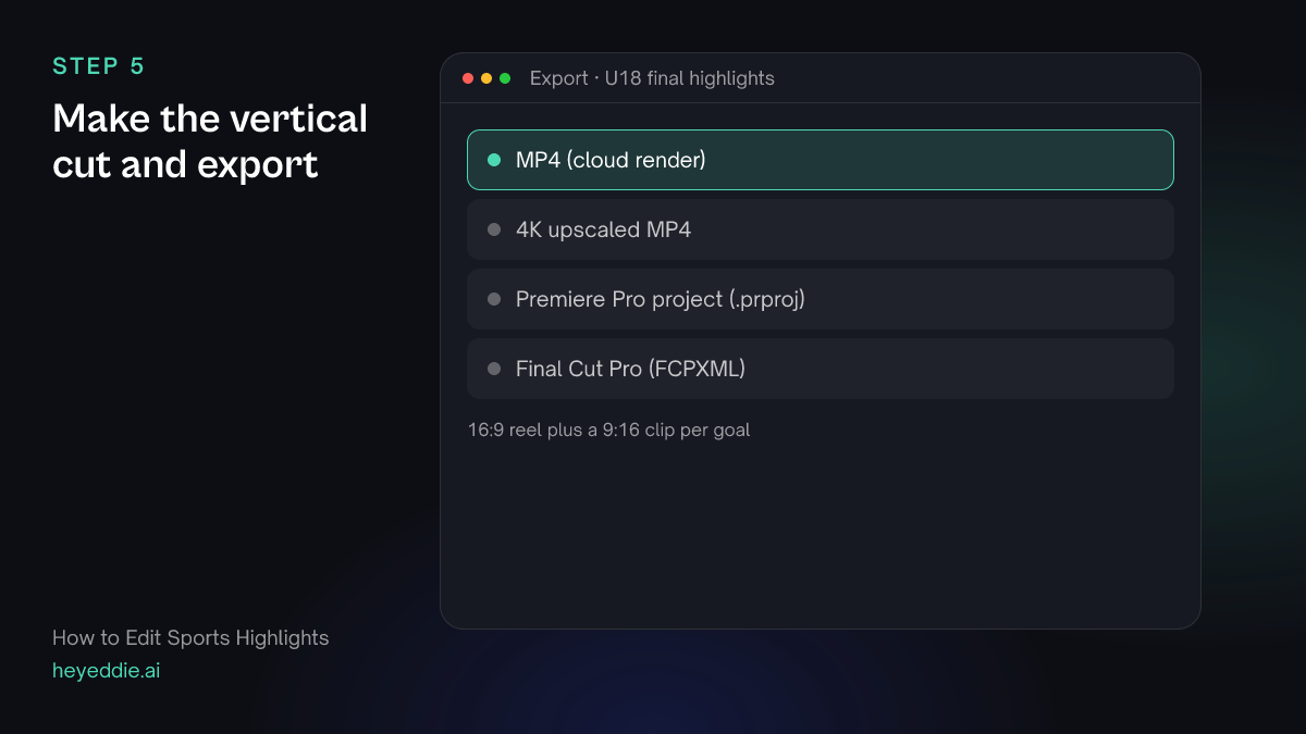 Eddie export menu with the MP4 cloud render selected, plus a 4K upscale and timeline formats.