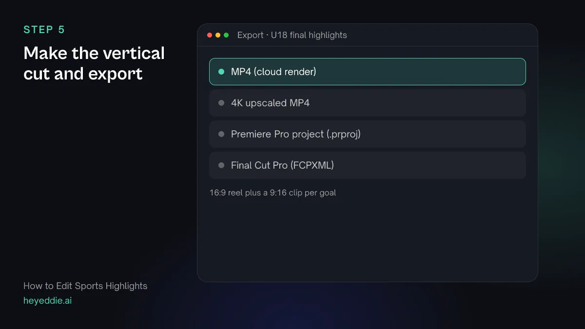 Eddie export menu with the MP4 cloud render selected, plus a 4K upscale and timeline formats.