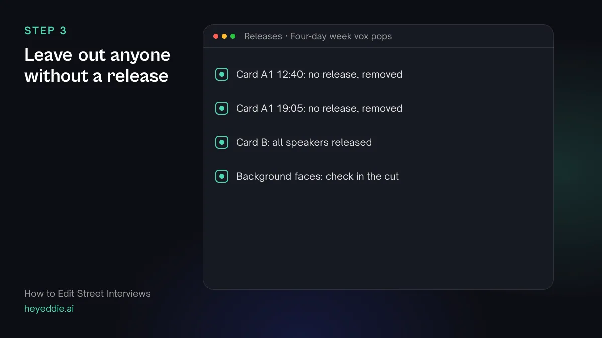 Checklist of release decisions: two answers labelled no release and removed, and a reminder to check faces in the background.