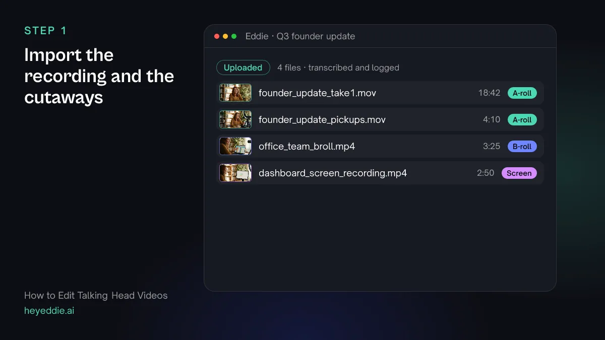 Eddie project with a synthetic founder update: a main talking-head take, a pickups file, team b-roll and a dashboard screen recording.