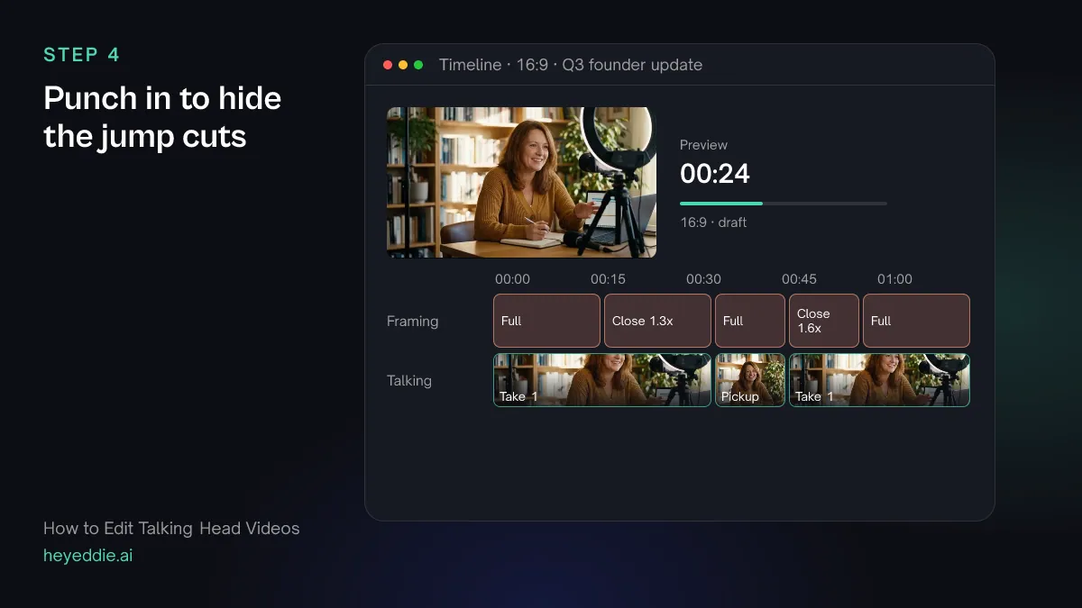 Timeline of a talking-head edit with a framing lane that alternates between the full frame and close-up crops at each cut.