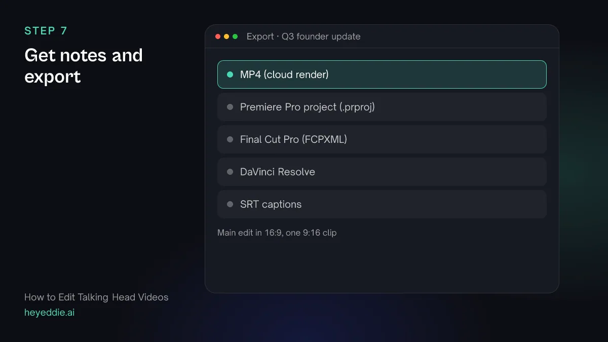 Eddie export menu with the MP4 cloud render selected, plus timeline formats and SRT captions.