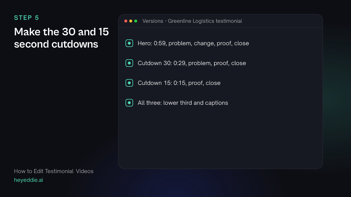 Checklist of three testimonial versions, 59, 29 and 15 seconds long, each with a lower third and captions.
