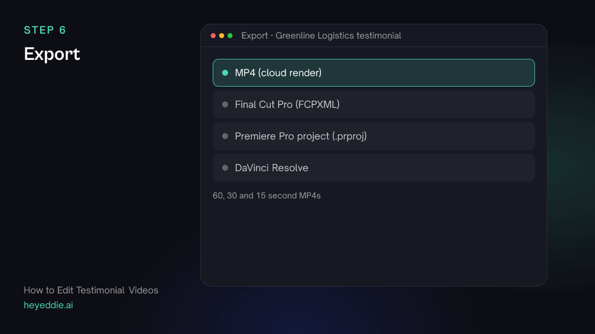 Eddie export menu with the MP4 cloud render selected for three testimonial versions.