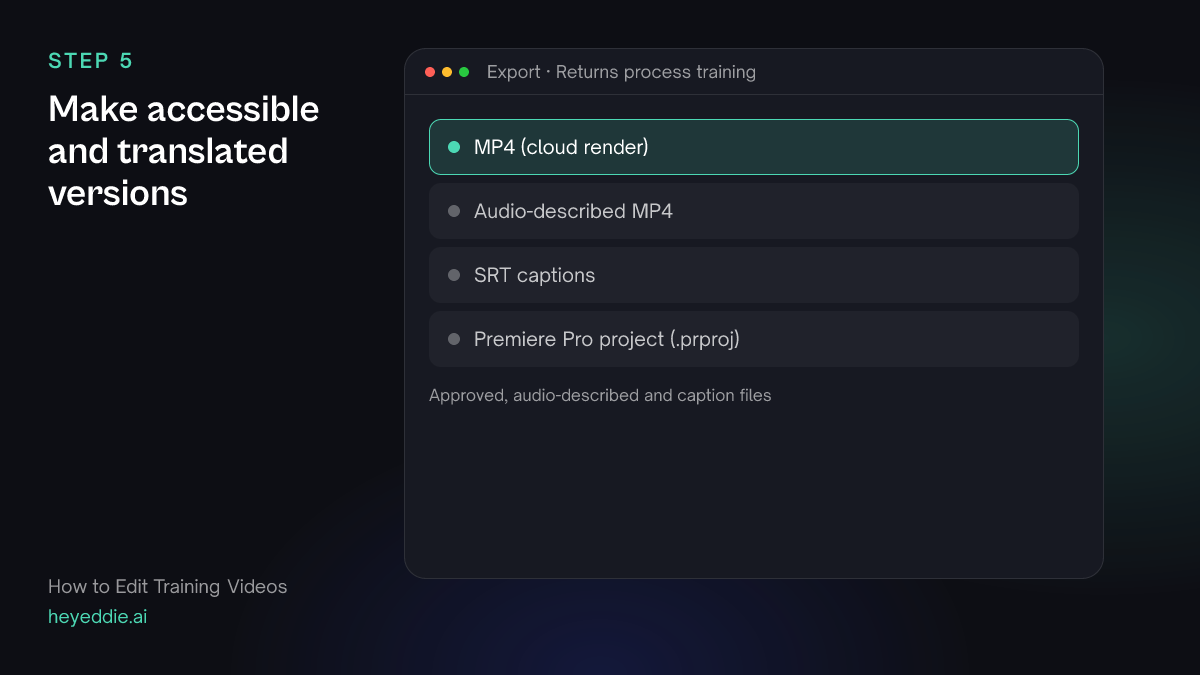 Eddie export menu with the MP4 cloud render selected, plus an audio-described version, SRT captions and a Premiere Pro project.