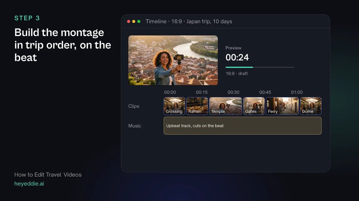 Montage timeline with travel shots from three cities in trip order over a single music track, the cuts lined up with the beat.