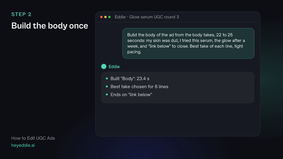 Chat with Eddie: the prompt asking for a 22 to 25 second ad body, and Eddie's reply with its length and the closing line.