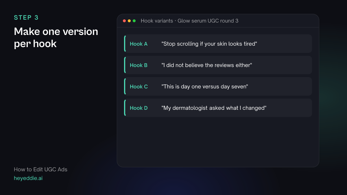 List of four hook variants of the same ad, each with a different opening line.