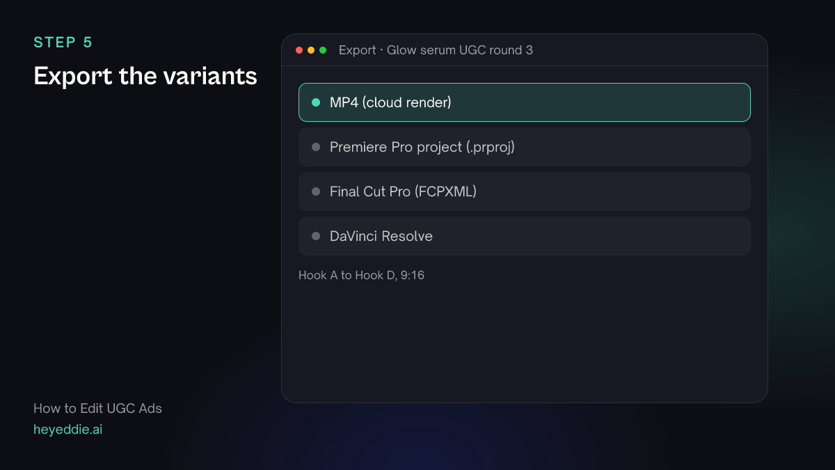 Eddie export menu with the MP4 cloud render selected for four vertical ad variants.
