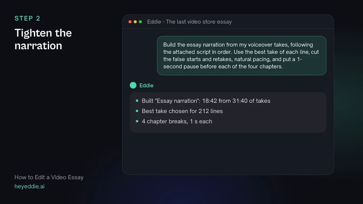 Chat with Eddie: the prompt asking for the narration in script order with chapter pauses, and Eddie's reply with the finished length.