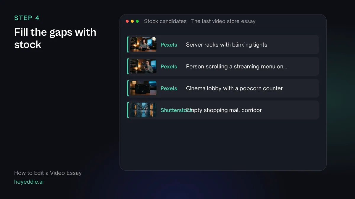 List of stock footage candidates for lines without a picture, such as server racks and a cinema lobby.