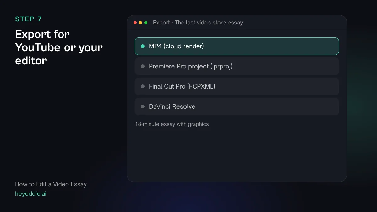 Eddie export menu with the MP4 cloud render selected for a video essay, plus Premiere Pro, Final Cut Pro and DaVinci Resolve.