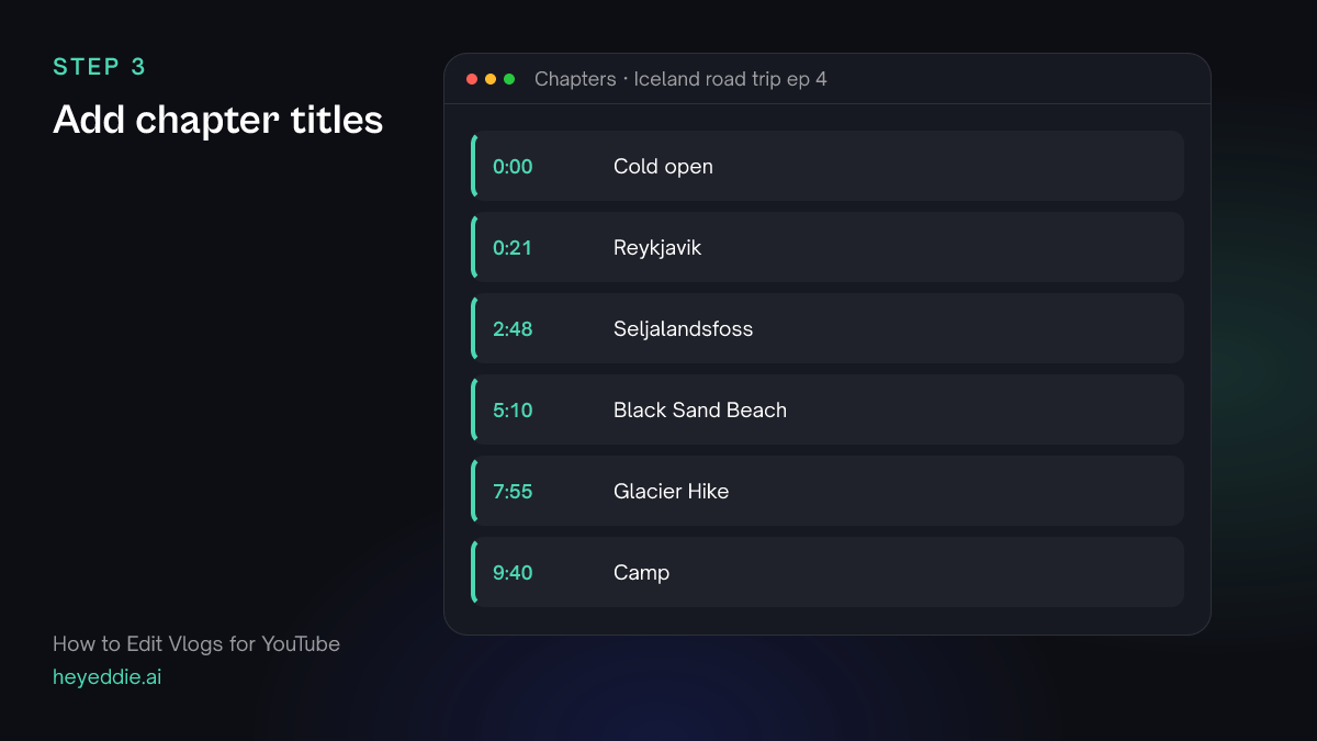 List of chapter titles with timestamps, from a cold open at 0:00 to Camp at 9:40.