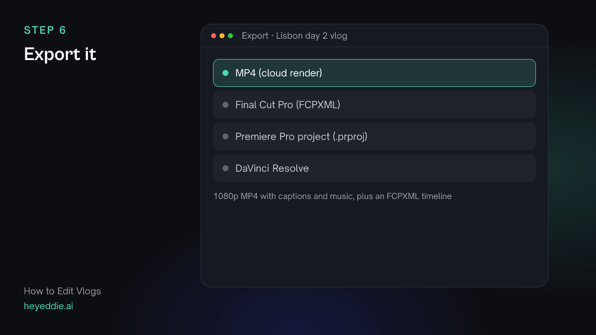 Eddie export menu with the MP4 cloud render selected, and Final Cut Pro, Premiere Pro and DaVinci Resolve listed as timeline options.