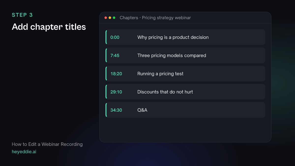 List of webinar chapters with timestamps, from the opening argument to the Q&A.