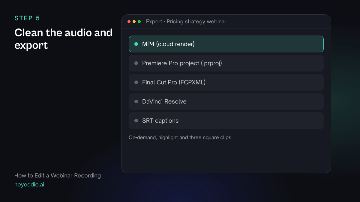 Eddie export menu with the MP4 cloud render selected, plus timeline formats and SRT captions.