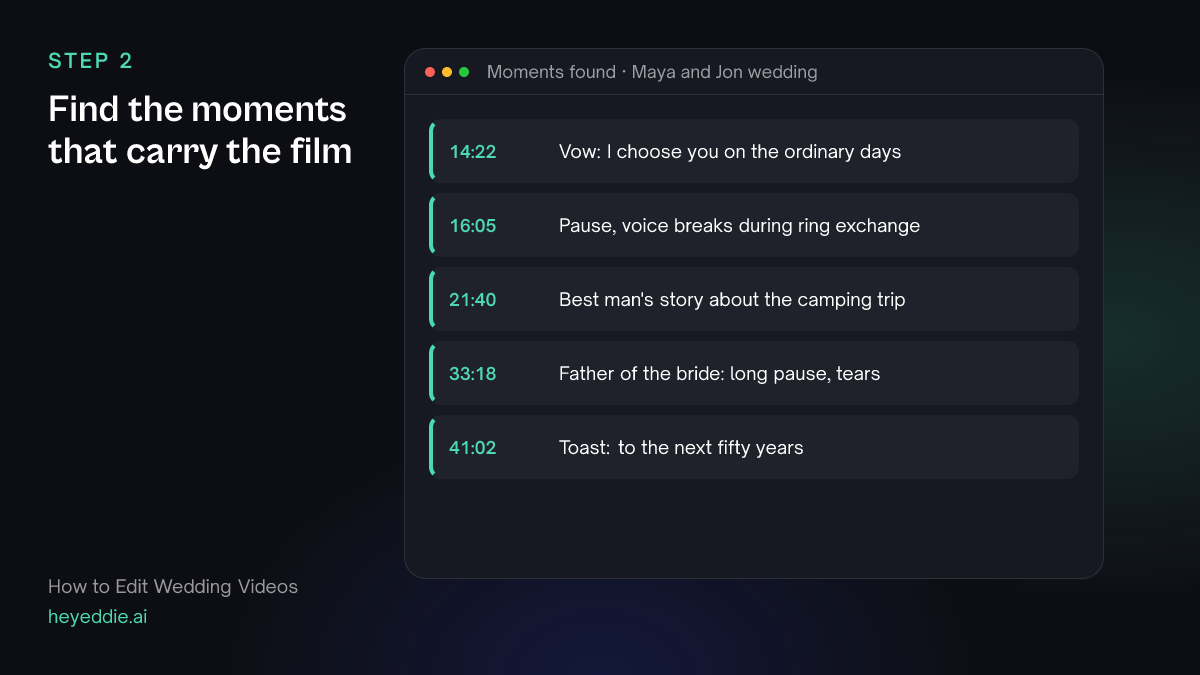 List of wedding moments with timestamps, including a vow line, a breaking voice during the rings and a father's emotional pause.