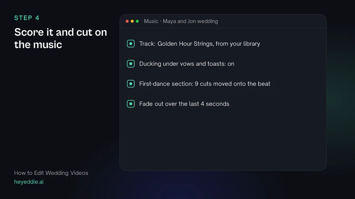 Checklist showing a library track attached, ducking on under speech, nine cuts snapped to the beat, and a fade at the end.