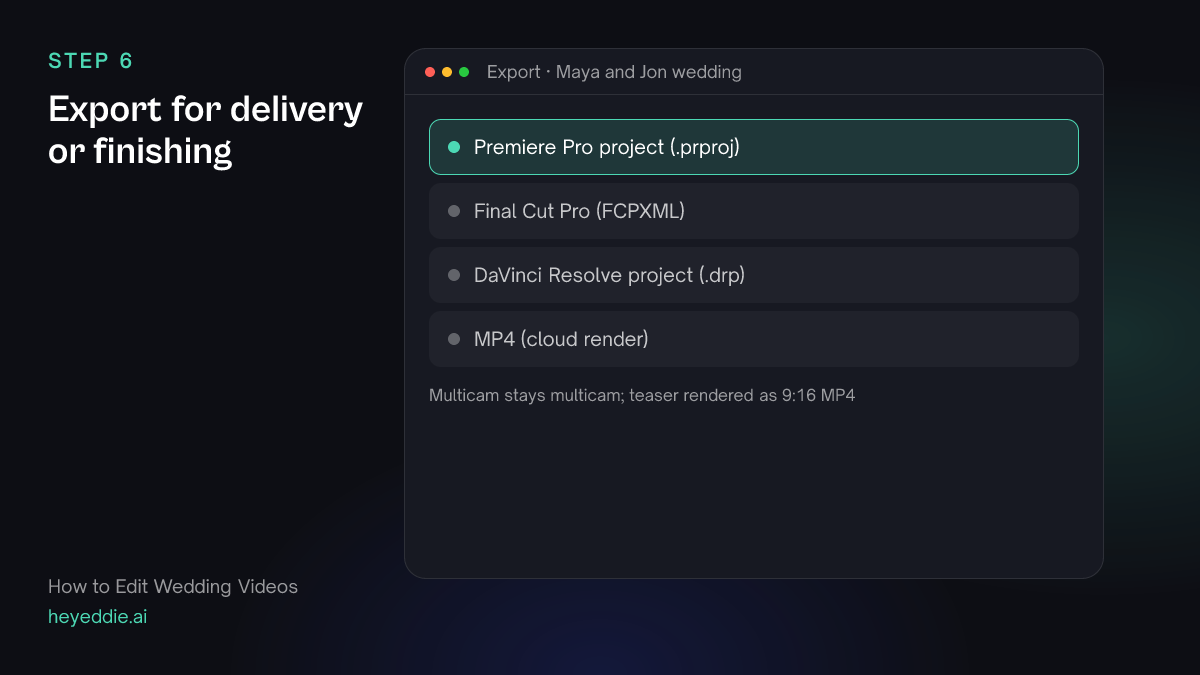 Eddie export menu with the Premiere Pro project selected, plus Final Cut Pro, DaVinci Resolve and MP4 options.