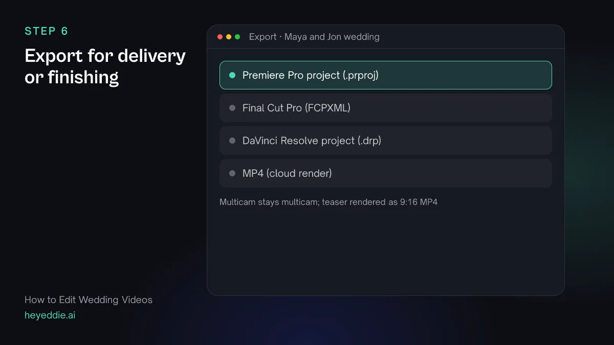 Eddie export menu with the Premiere Pro project selected, plus Final Cut Pro, DaVinci Resolve and MP4 options.