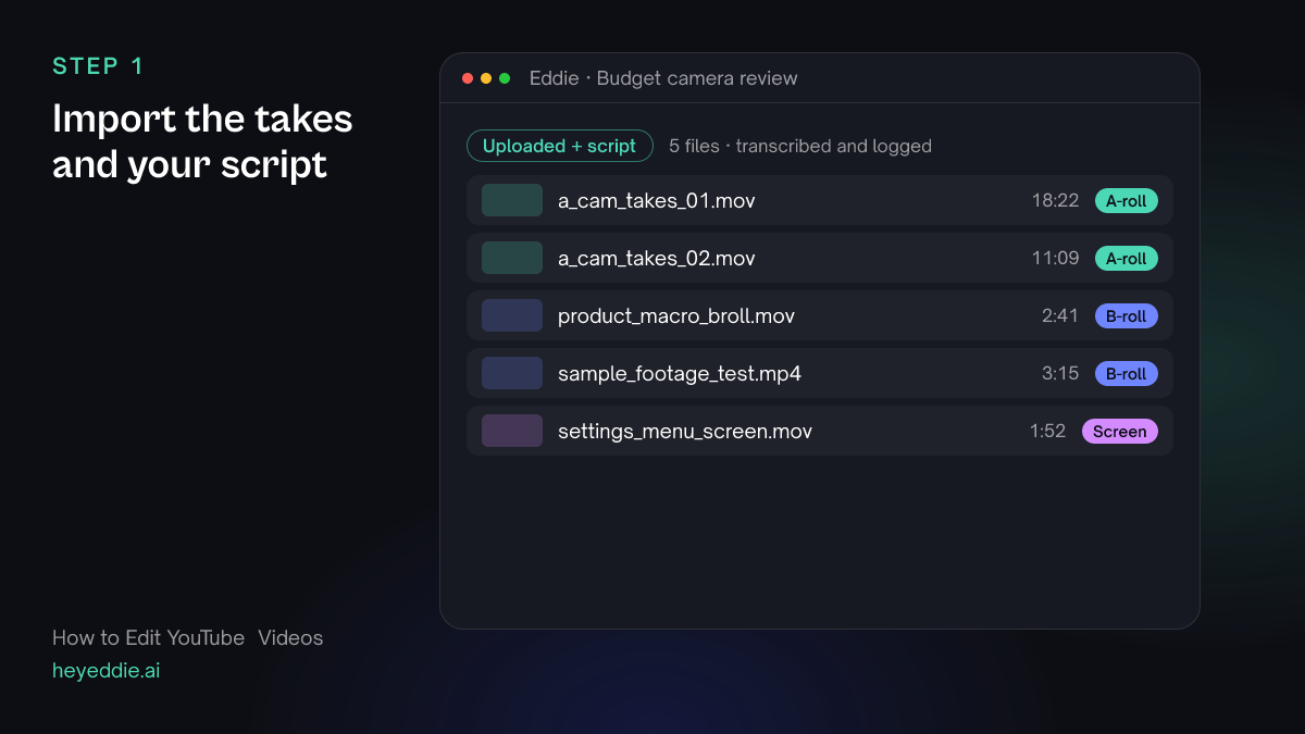 Eddie project with two synthetic talking-head take files, product b-roll, sample footage and a screen recording of a settings menu.
