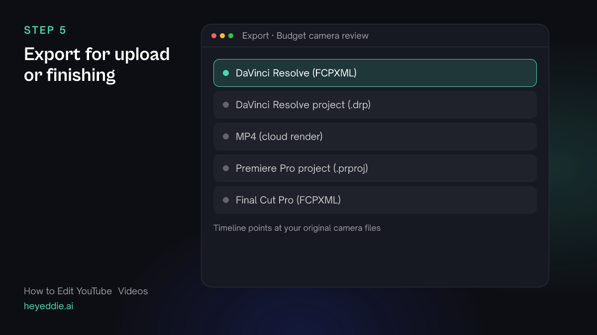 Eddie export menu with the DaVinci Resolve FCPXML selected, plus a Resolve project, MP4, Premiere Pro and Final Cut Pro.