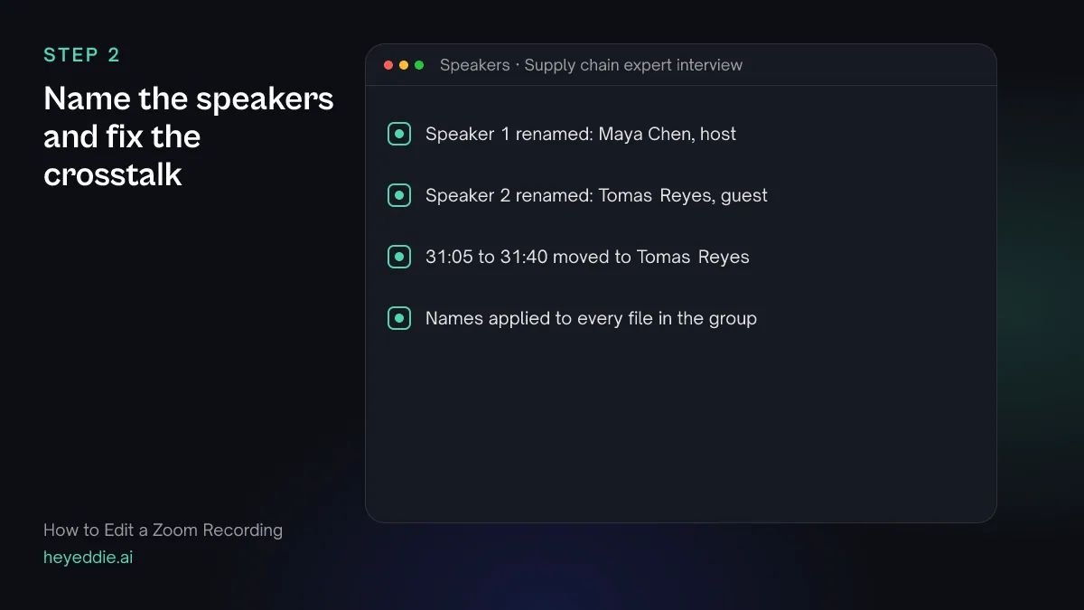 Checklist of speaker fixes: two speakers renamed and a stretch of crosstalk reassigned to the guest.