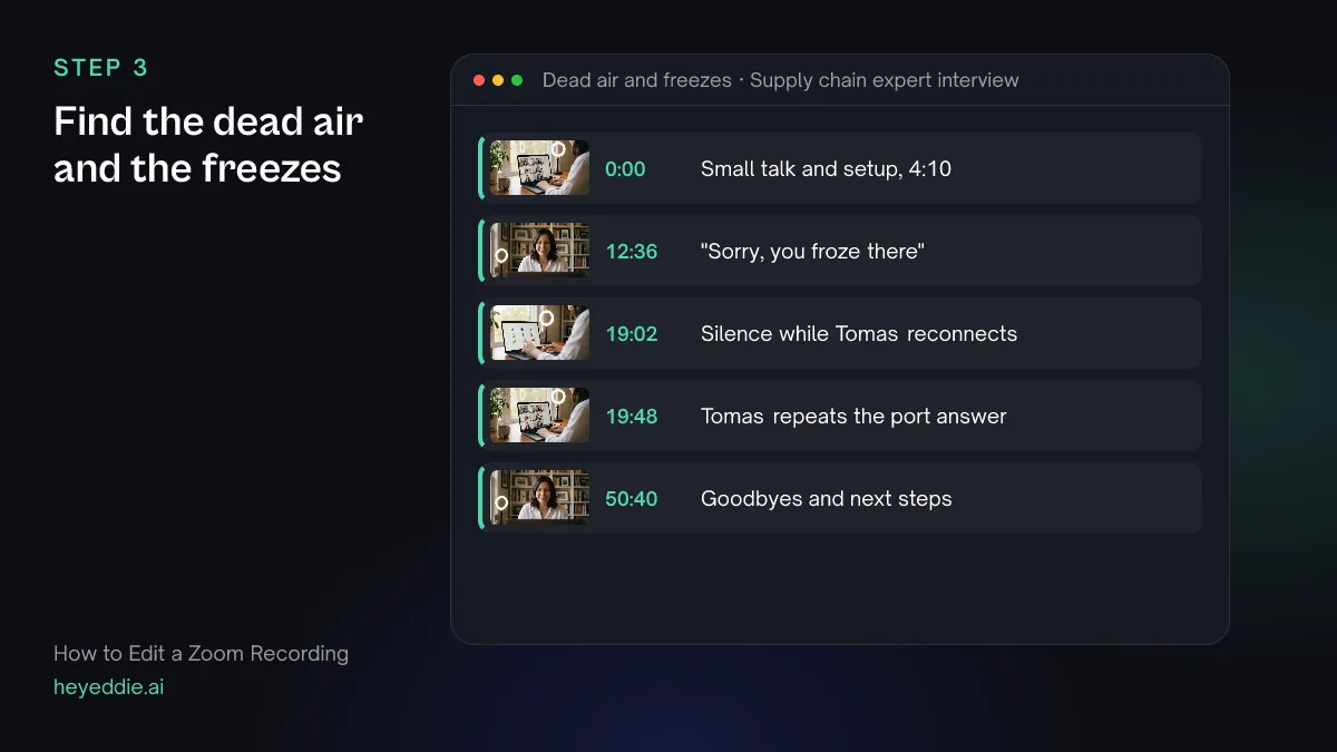 List of connection problems and small talk found in a Zoom interview, such as a freeze, a reconnect and a repeated answer.