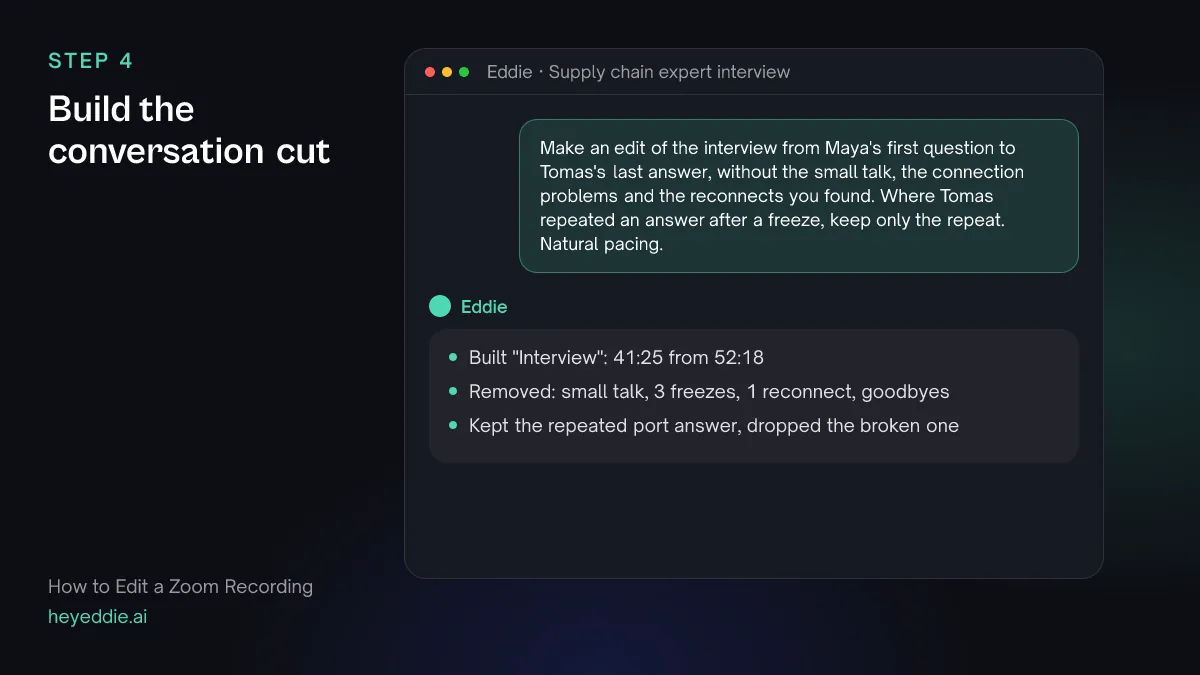 Chat with Eddie: the prompt asking for the interview without the connection problems, and Eddie's reply with the new length and what it removed.
