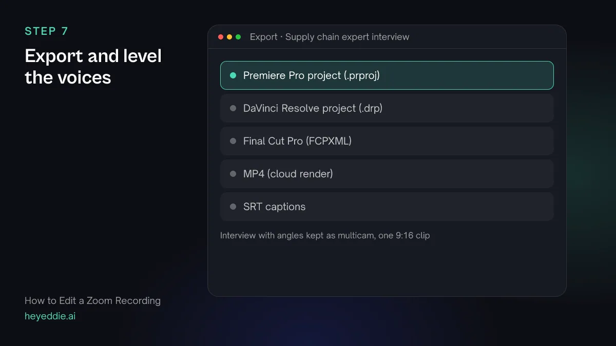 Eddie export menu with a Premiere Pro project selected, plus Resolve, Final Cut Pro, an MP4 cloud render and SRT captions.