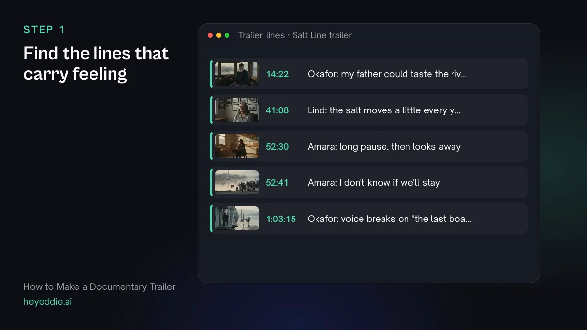 List of trailer lines with timestamps from three interviews, including a long pause and a moment where a voice breaks.