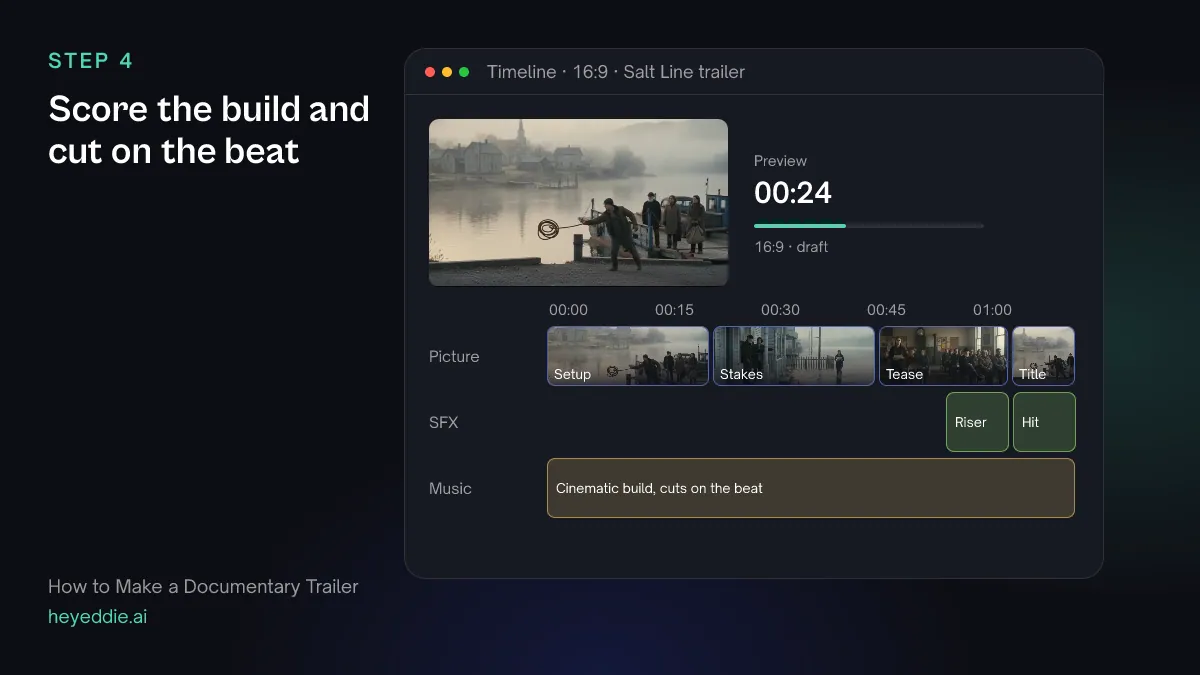 Timeline with setup, stakes and tease sections over a building music track, and a riser and a low hit on the effects lane at the title.