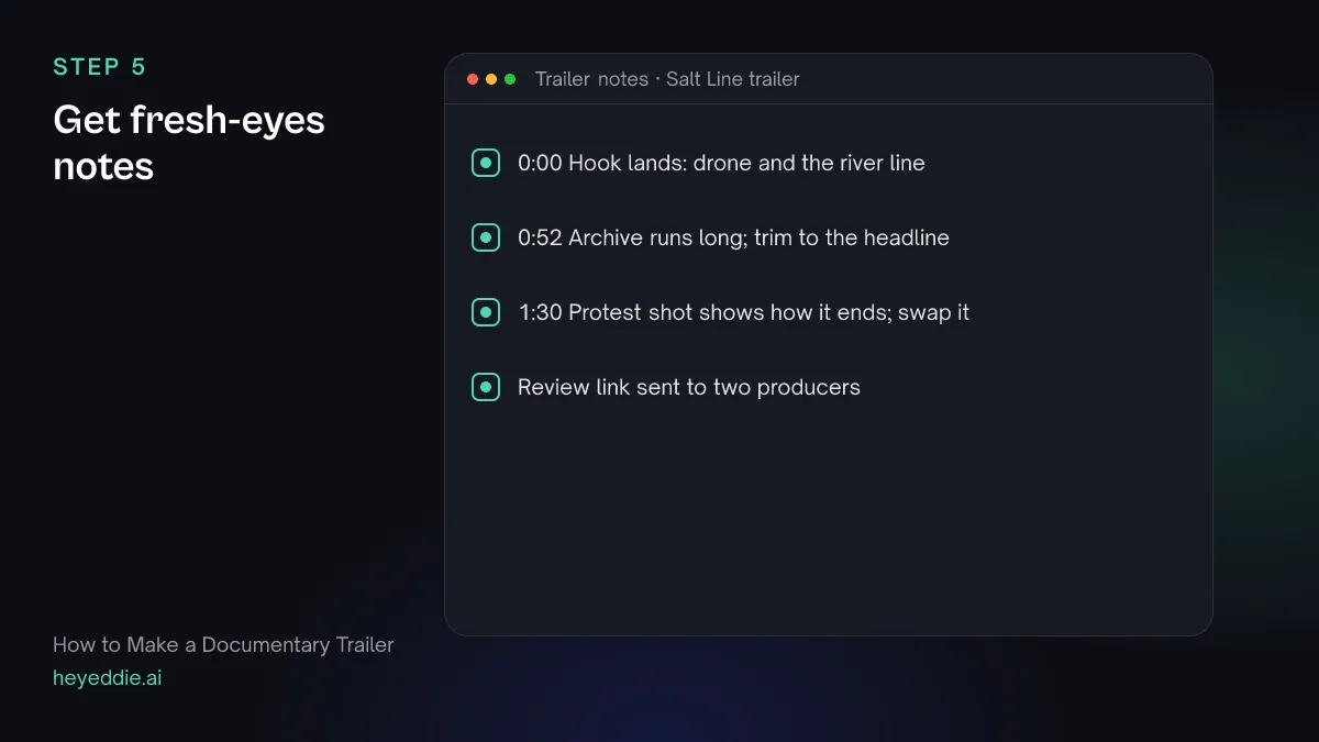 Notes on a trailer cut: the hook works, the archive runs long and one shot gives away the ending, plus a review link sent to producers.