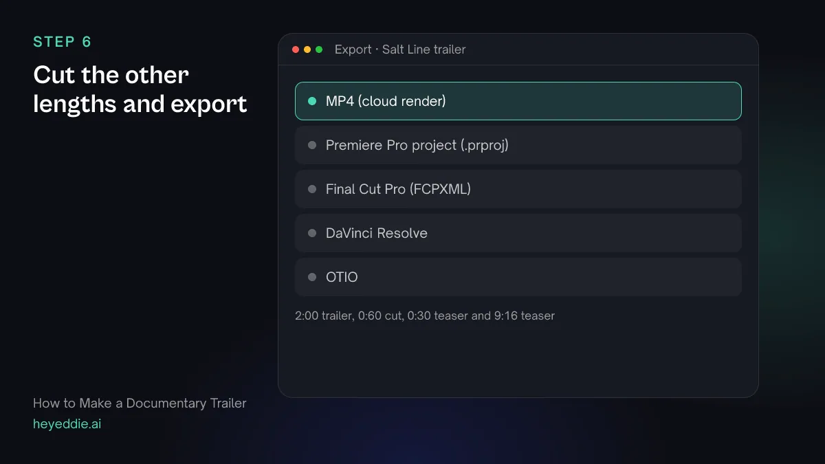 Eddie export menu with the MP4 cloud render selected for four trailer versions, plus Premiere Pro, Final Cut Pro, DaVinci Resolve and OTIO.