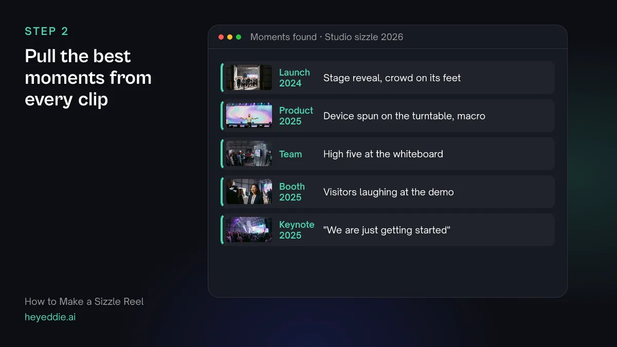 List of high-energy moments found across several shoots, such as a stage reveal and visitors laughing at a demo.
