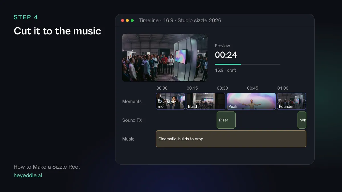 Timeline with the sizzle cut over a building cinematic track, a slow-motion opening reveal, a riser into the peak and a whoosh on the last cut.