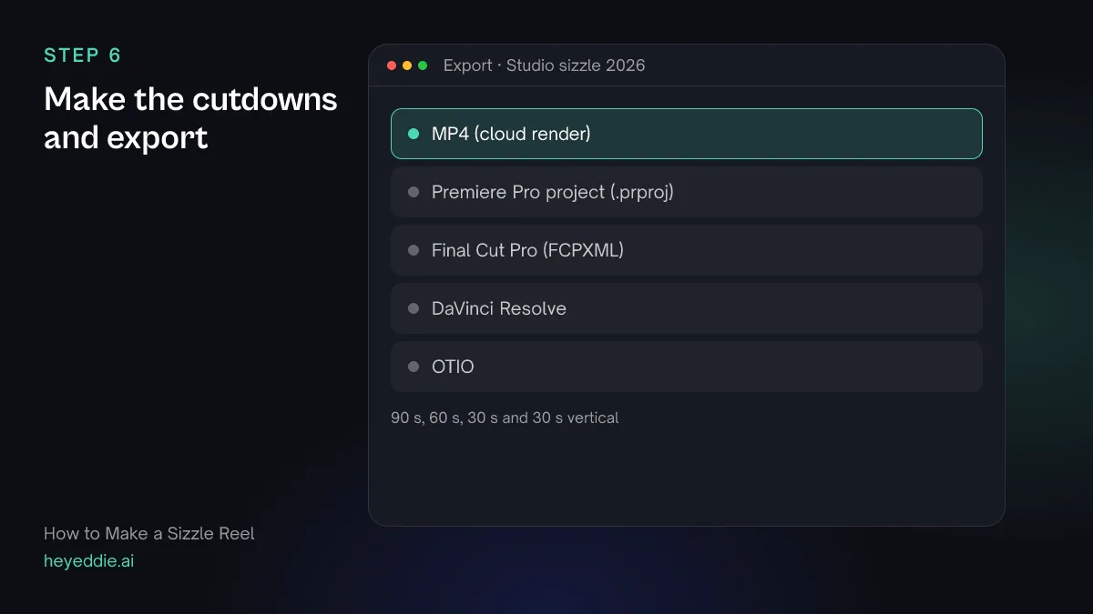 Eddie export menu with the MP4 cloud render selected for four versions of a sizzle reel.