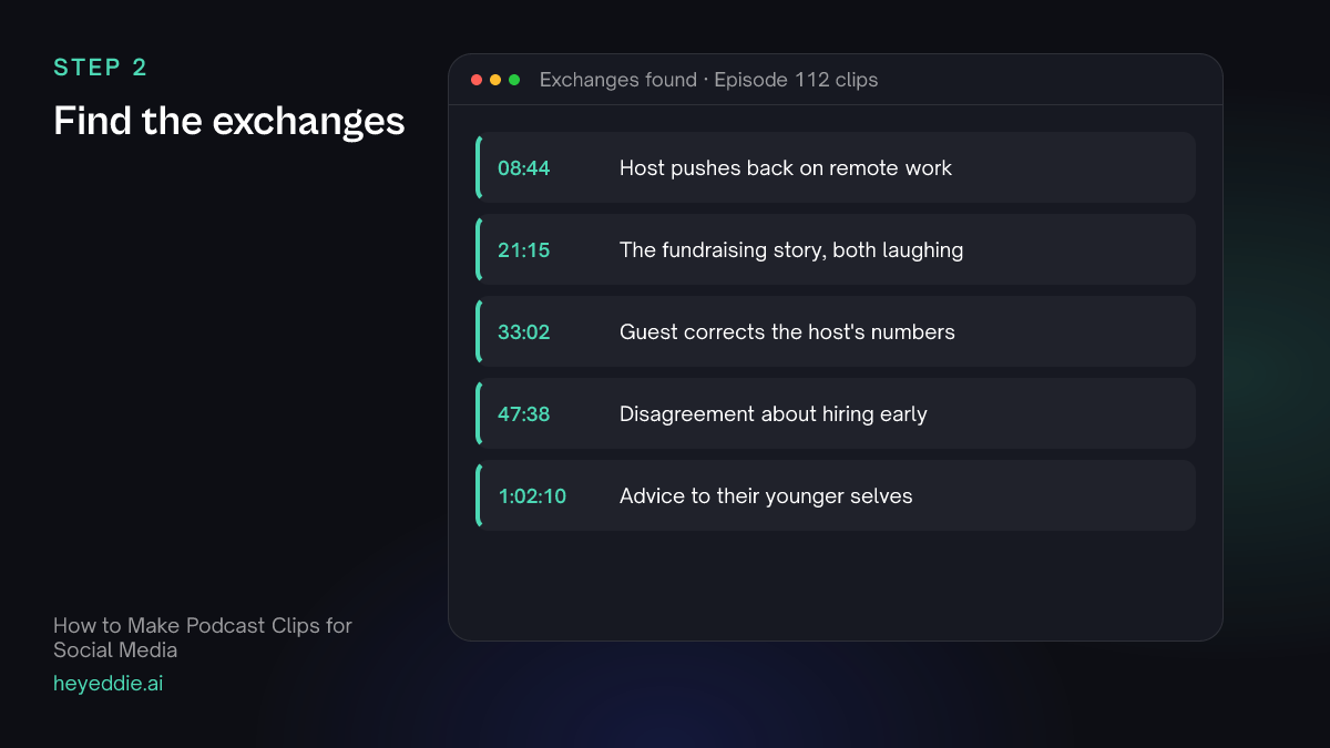 List of five exchanges in a podcast episode with timestamps, such as the host pushing back on remote work.