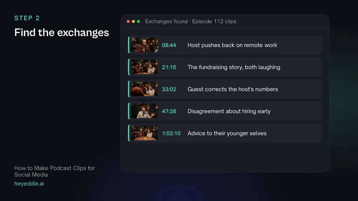 List of five exchanges in a podcast episode with timestamps, such as the host pushing back on remote work.