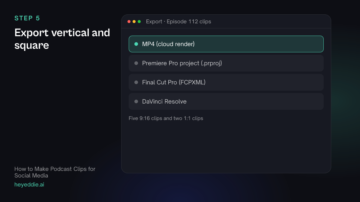 Eddie export menu with MP4 selected, for five vertical clips and two square clips.