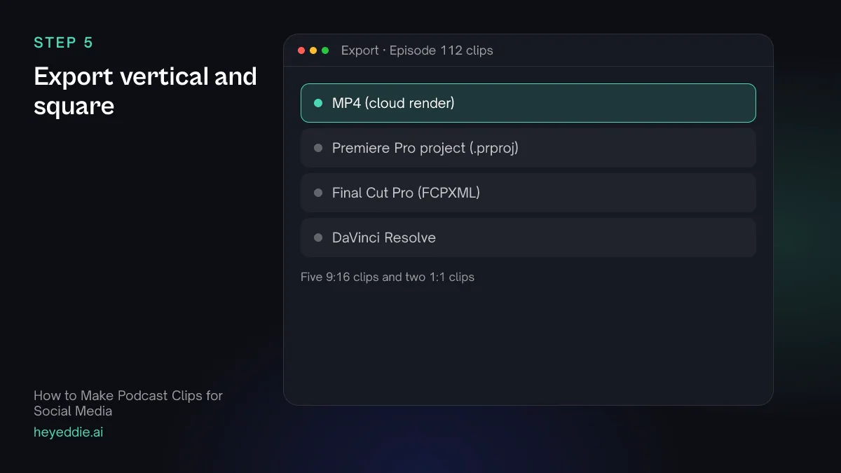 Eddie export menu with MP4 selected, for five vertical clips and two square clips.
