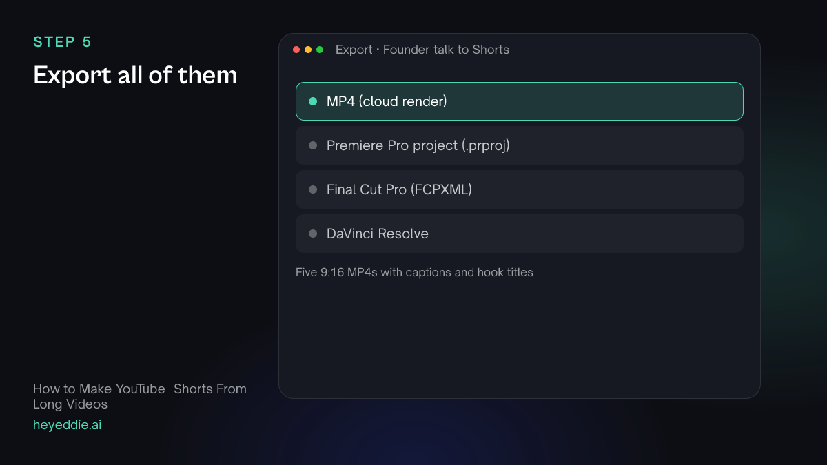 Eddie export menu with the MP4 cloud render selected for five vertical clips.