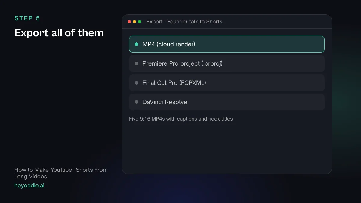 Eddie export menu with the MP4 cloud render selected for five vertical clips.