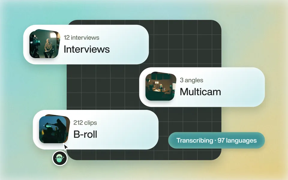 Twelve interview files, a multicam and b-roll importing, transcribing in 97 languages