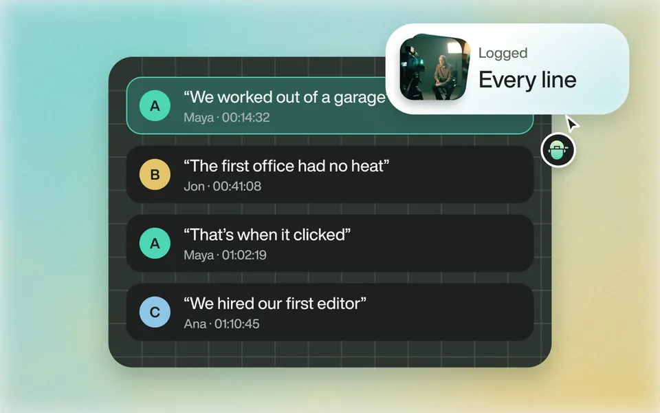 An interview logged into soundbites, each tagged with its speaker and timecode