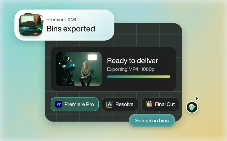 Logged selects exported to Premiere Pro, Resolve or Final Cut as bins