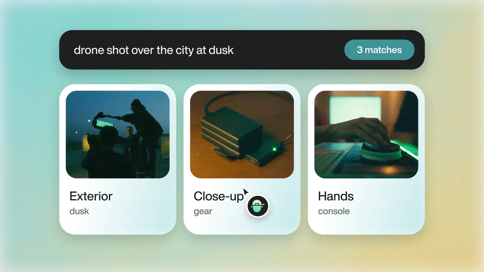 A search for “drone shot over the city at dusk” returning three logged B-roll clips